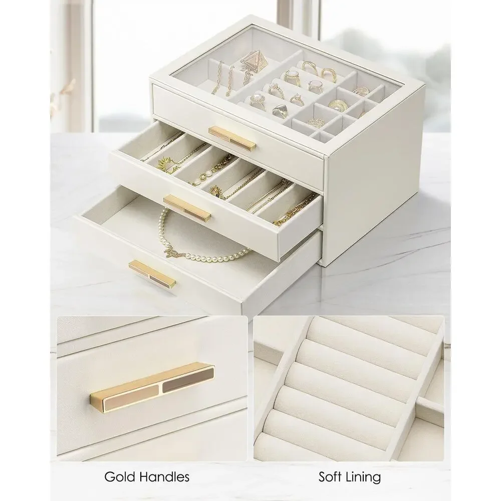 VLANDO Beauty Blooming Jewelry Box Organizer with Glass Lid & Drawers